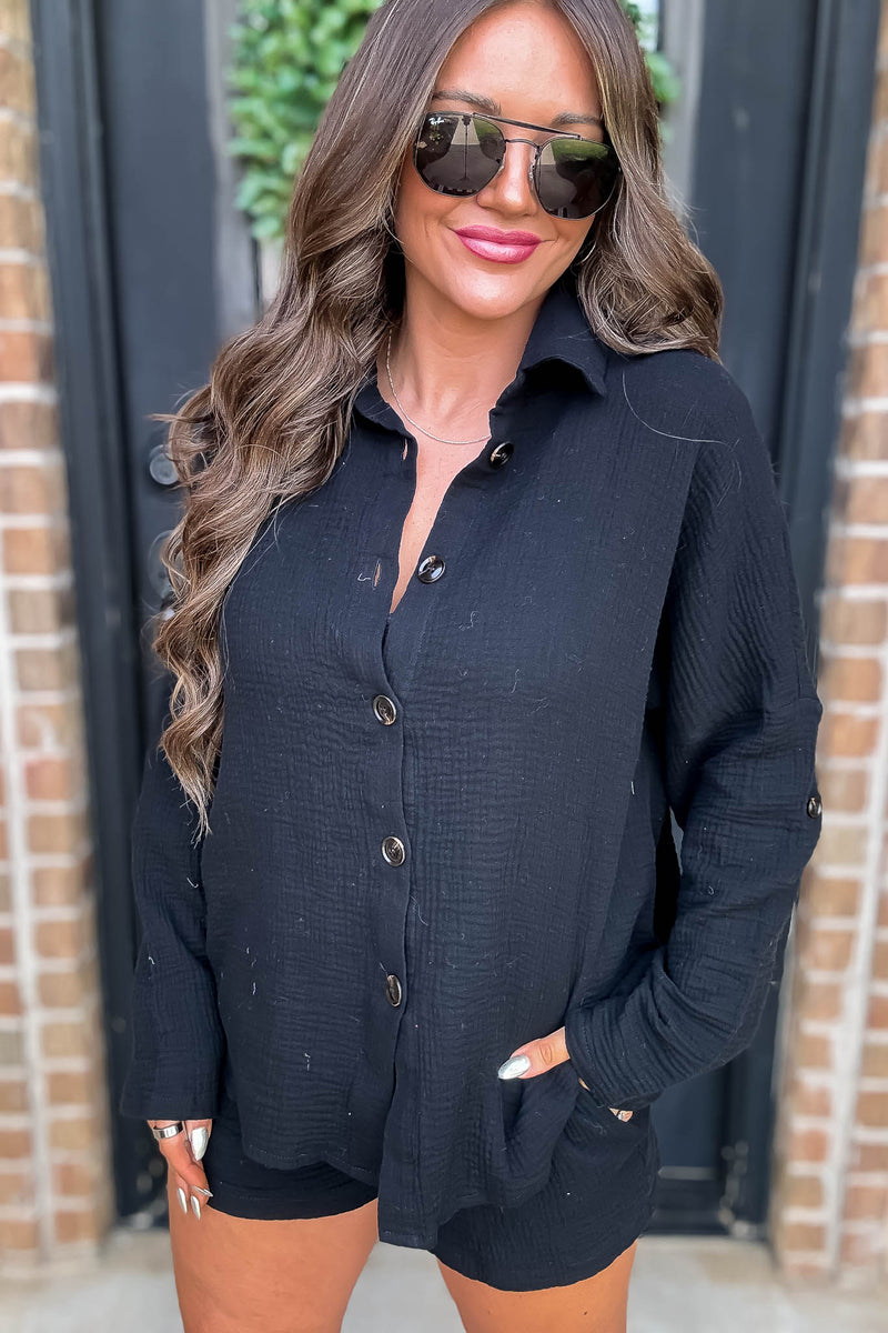 All Day Comfort Cotton Black Button Down Shirt