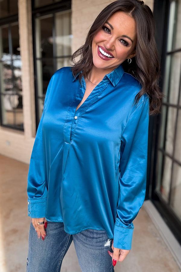 Chic Certainty Satin Blue Blouse