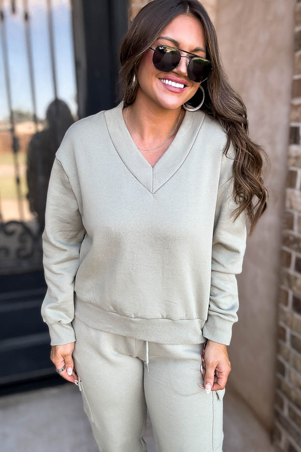 Level Up Sage V Neck Sweatshirt