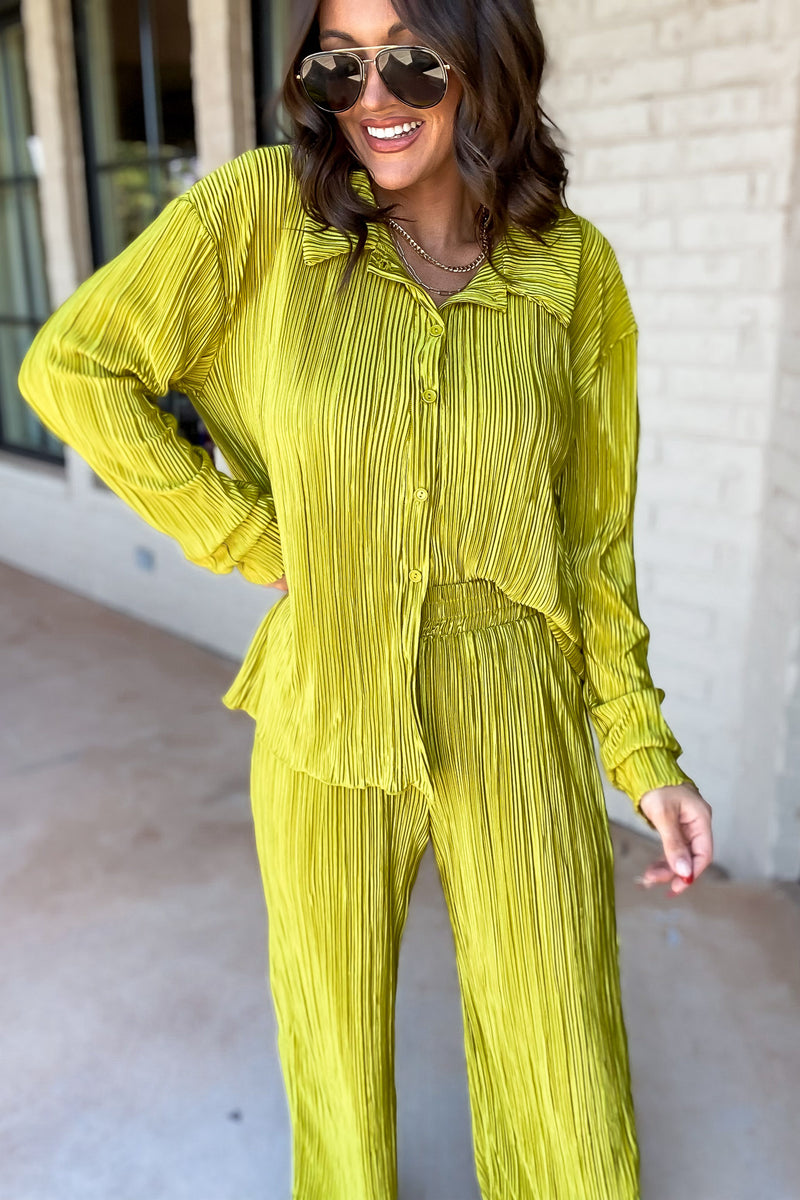 Fancy That Chartreuse Plisse Long Sleeve Top