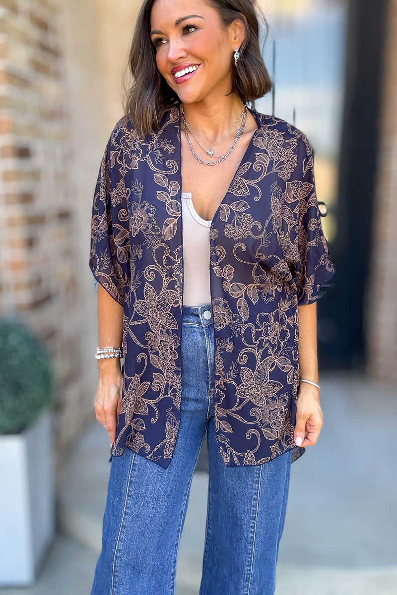 Navy Floral Print Dolman Kimono