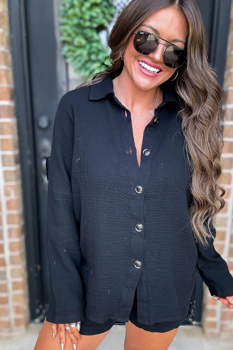 All Day Comfort Cotton Black Button Down Shirt