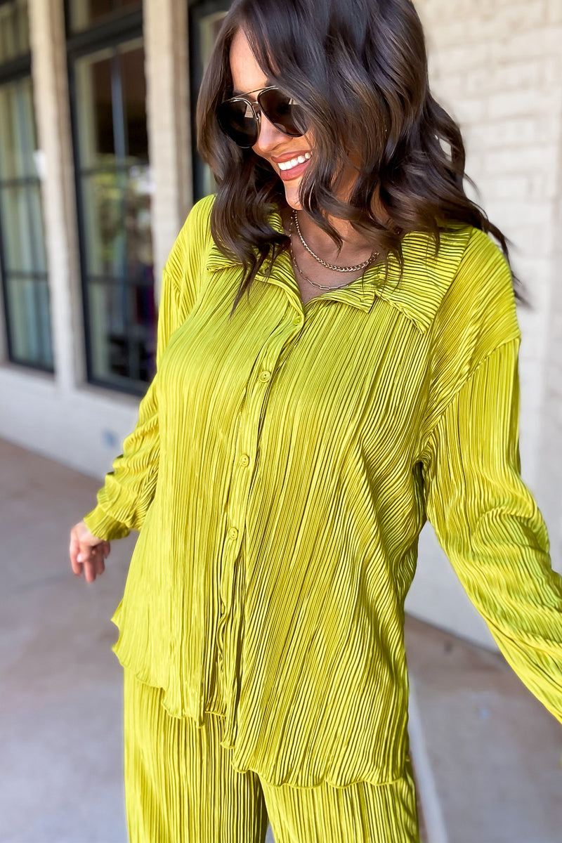 Fancy That Chartreuse Plisse Long Sleeve Top