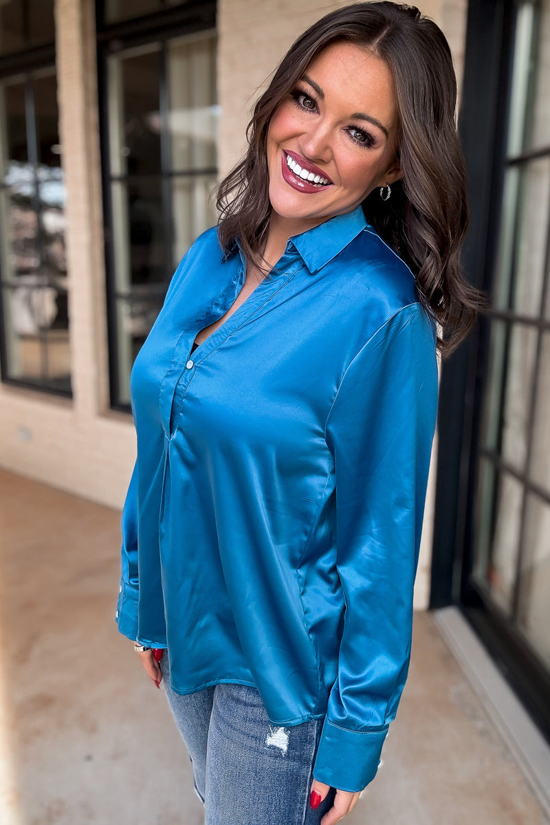 Chic Certainty Satin Blue Blouse