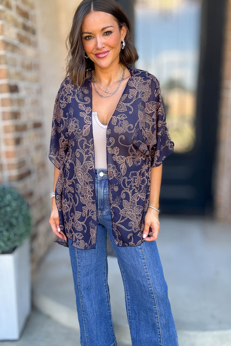Navy Floral Print Dolman Kimono