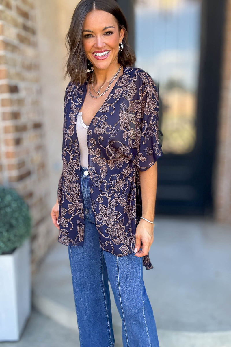 Navy Floral Print Dolman Kimono