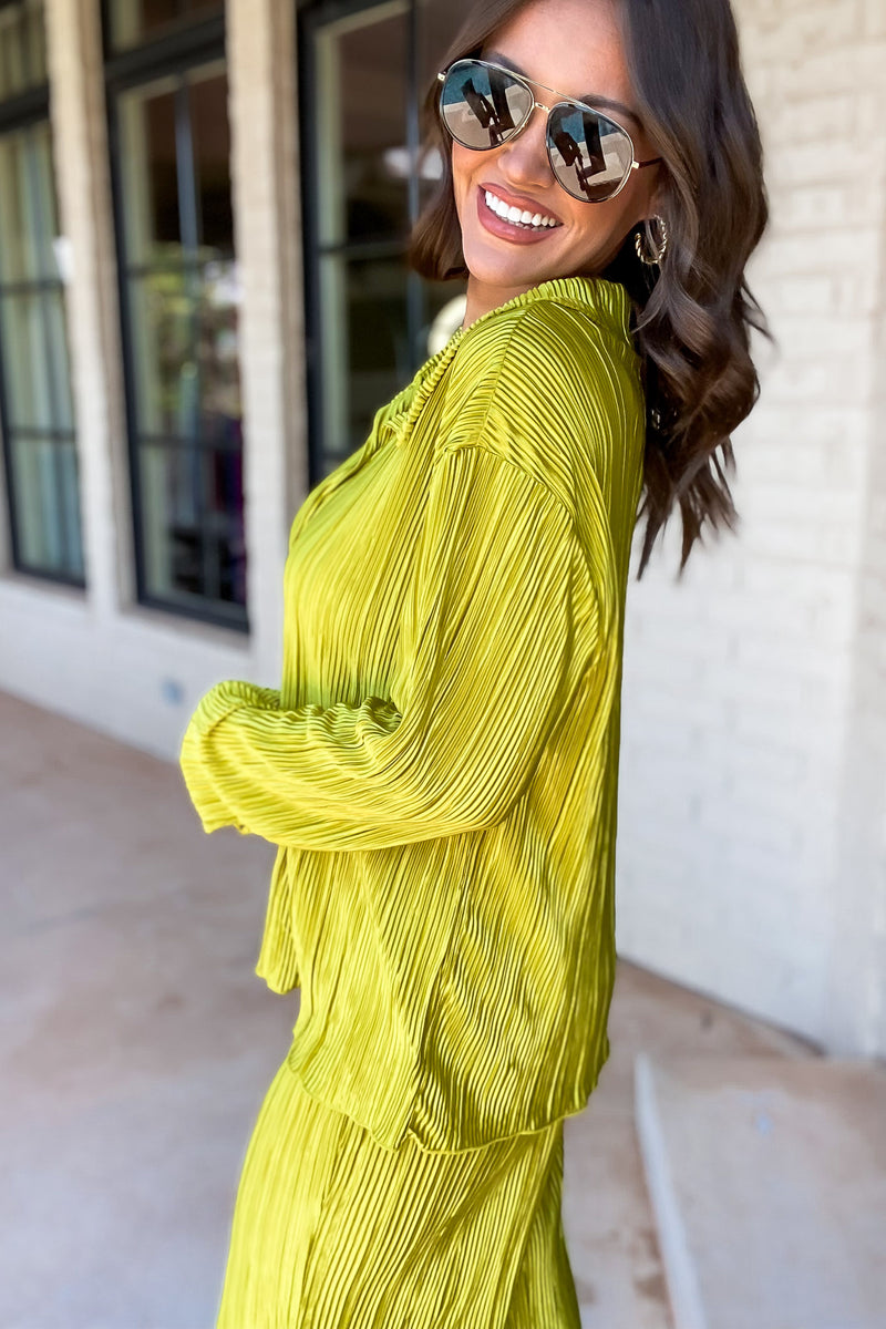 Fancy That Chartreuse Plisse Long Sleeve Top