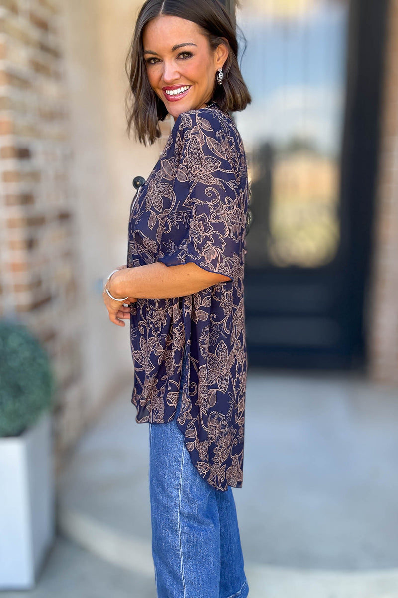 Navy Floral Print Dolman Kimono
