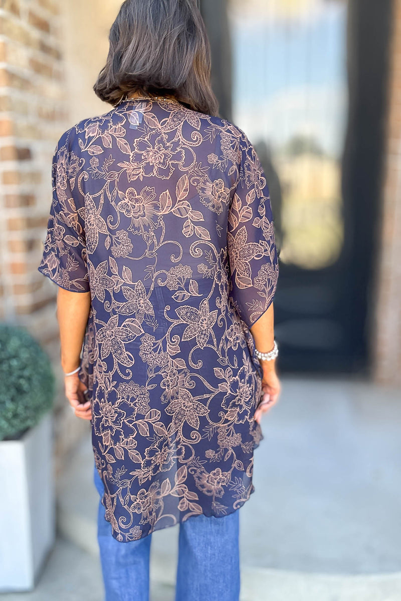 Navy Floral Print Dolman Kimono