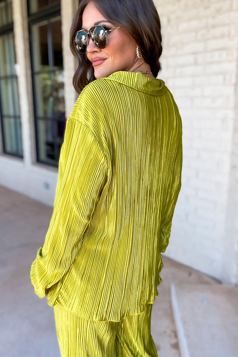 Fancy That Chartreuse Plisse Long Sleeve Top