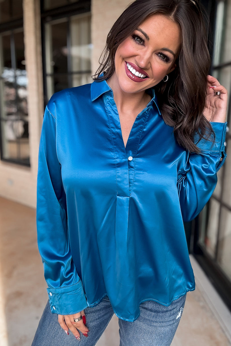 Chic Certainty Satin Blue Blouse