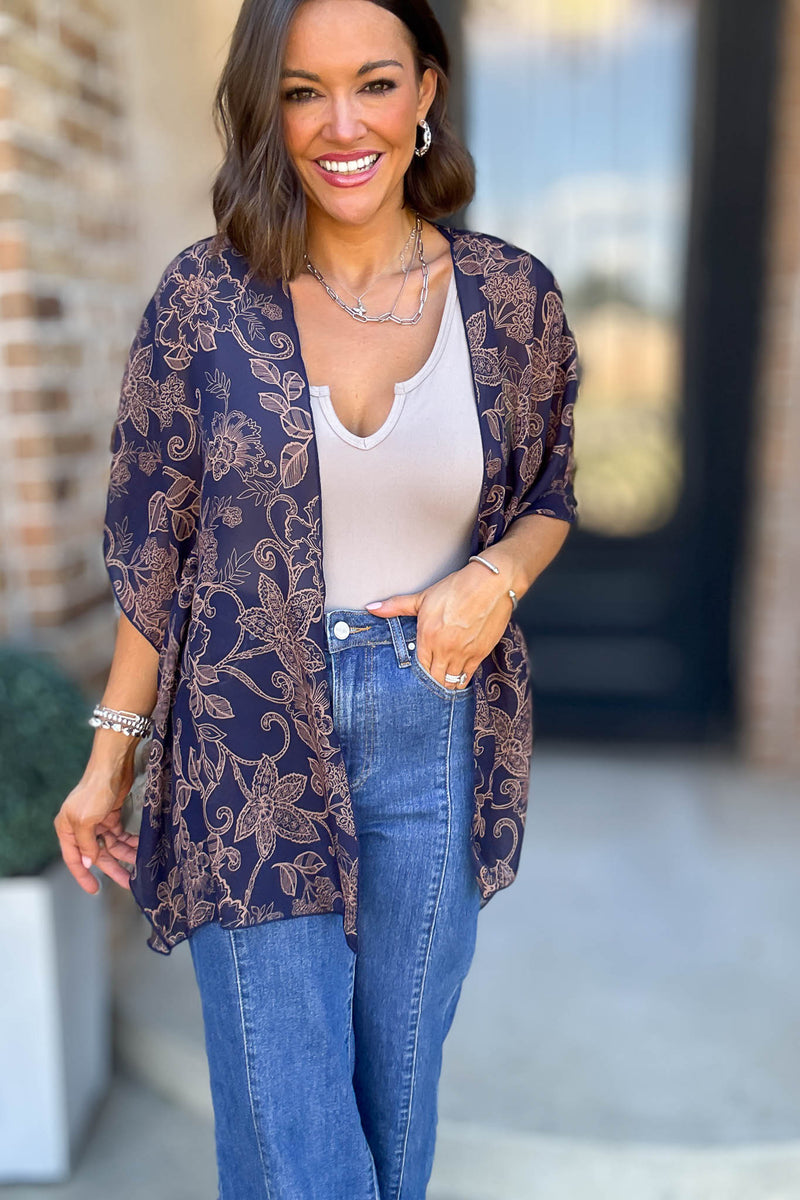 Navy Floral Print Dolman Kimono