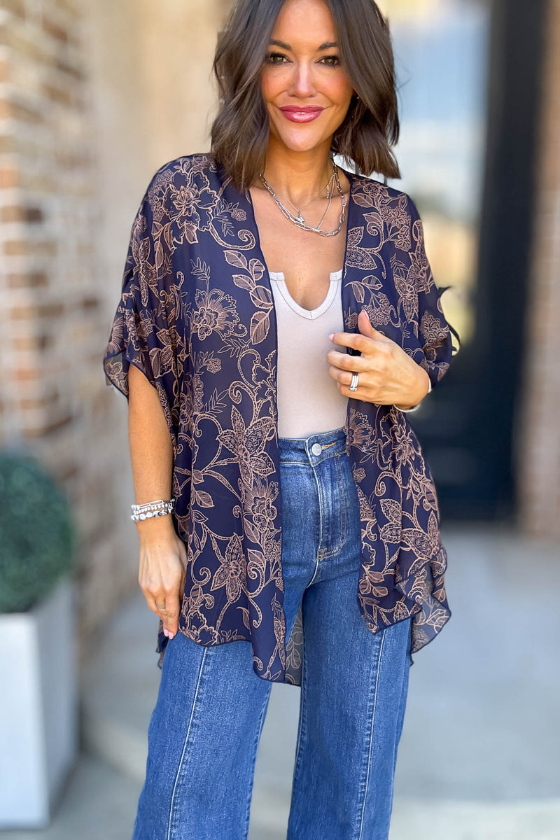Navy Floral Print Dolman Kimono