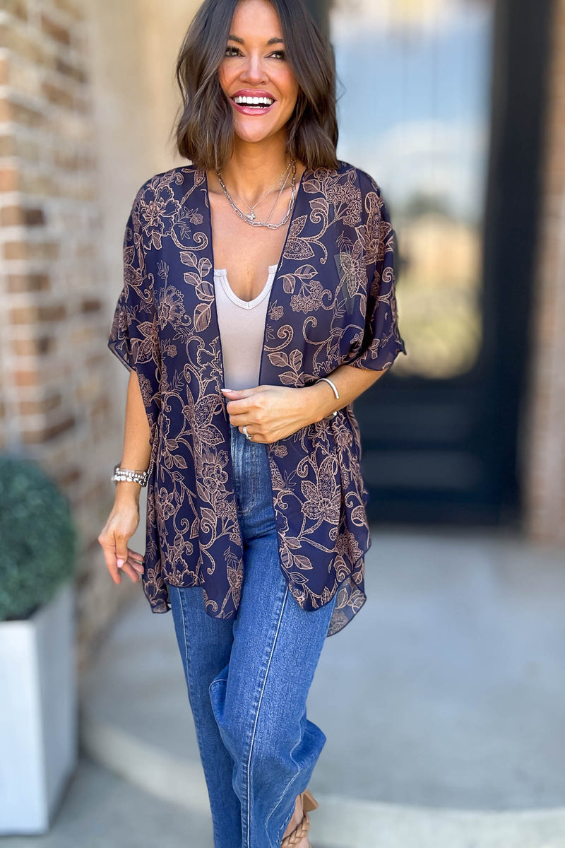 Navy Floral Print Dolman Kimono