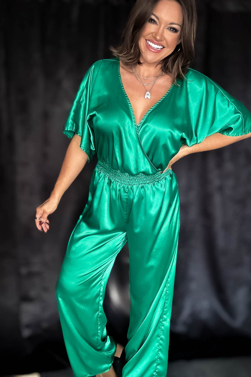 Emerald Holiday Satin Jumpsuit