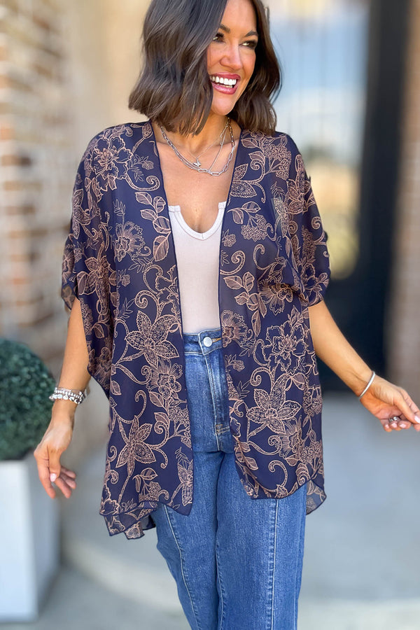 Navy Floral Print Dolman Kimono