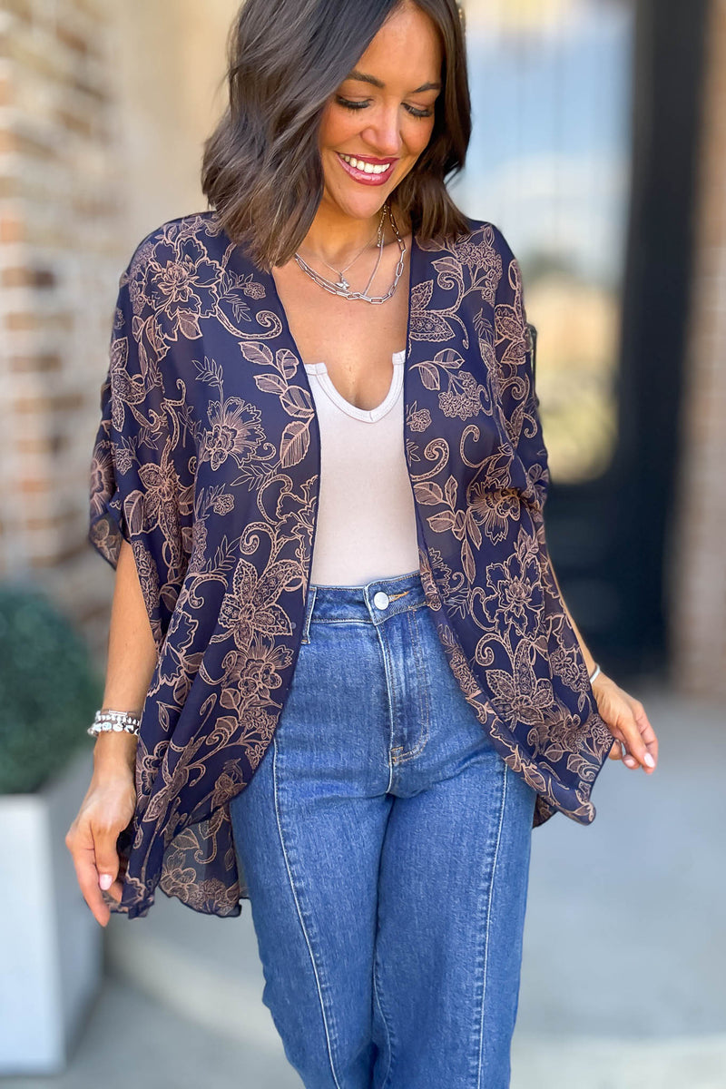 Navy Floral Print Dolman Kimono