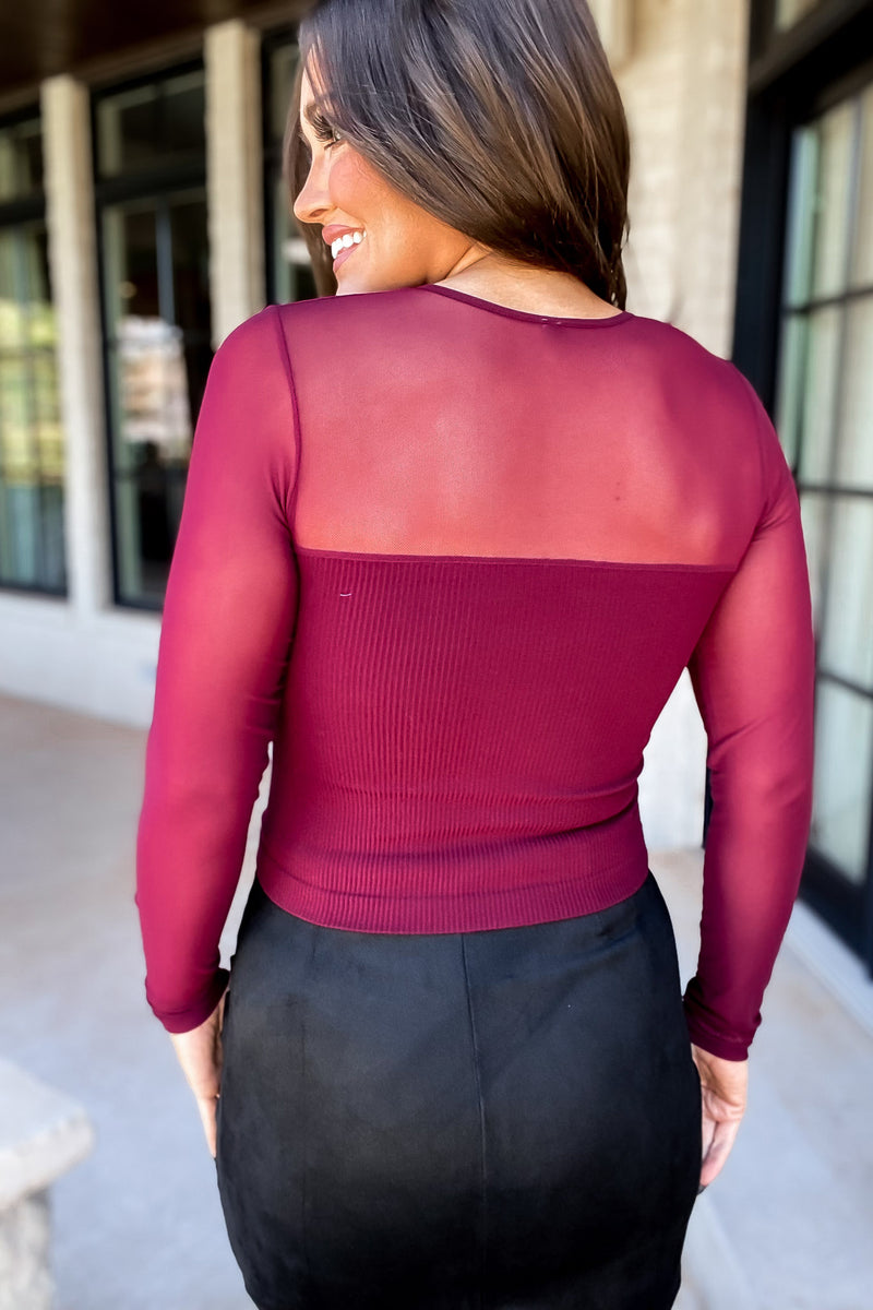 With Pleasure Burgundy Mesh Longsleeve Top