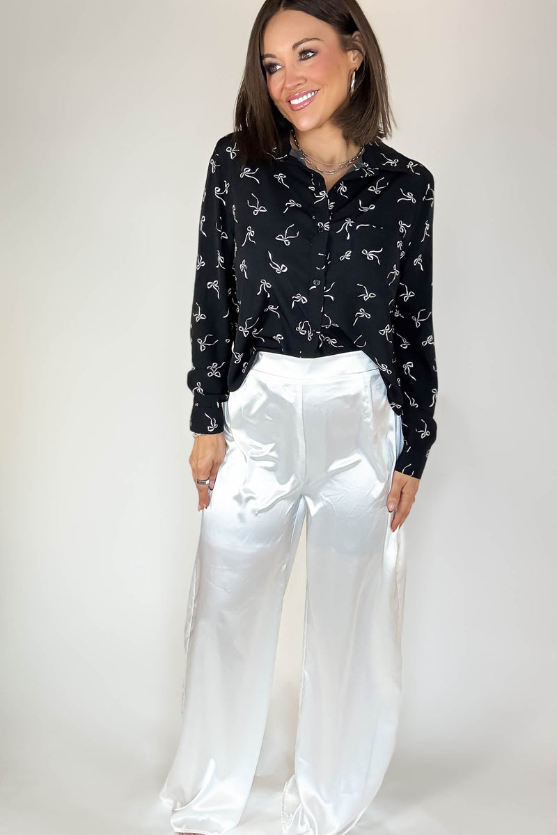 Black Bow Print Chiffon Blouse