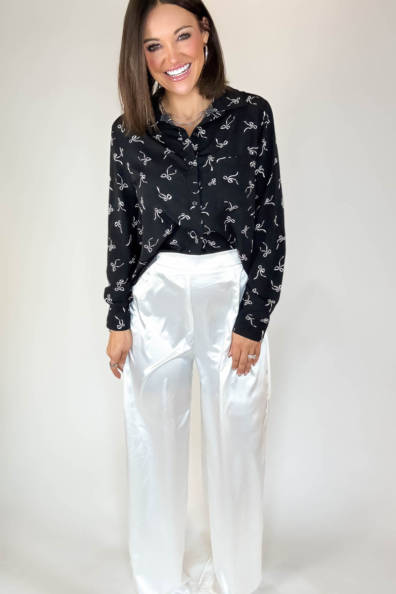Black Bow Print Chiffon Blouse