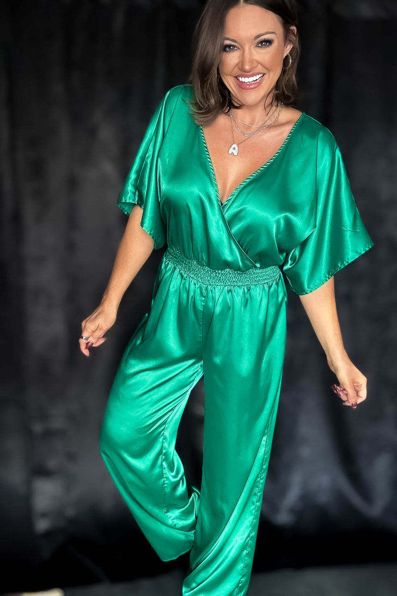 Emerald Holiday Satin Jumpsuit