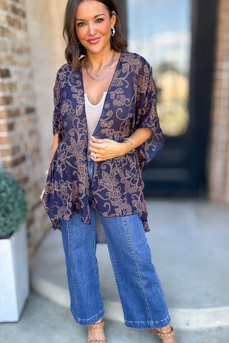 Navy Floral Print Dolman Kimono