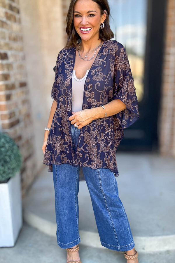 Navy Floral Print Dolman Kimono