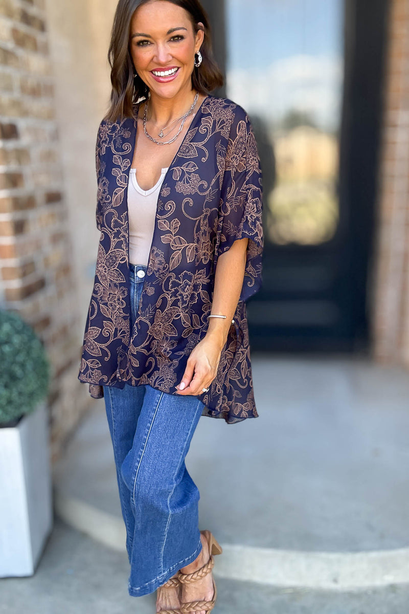 Navy Floral Print Dolman Kimono