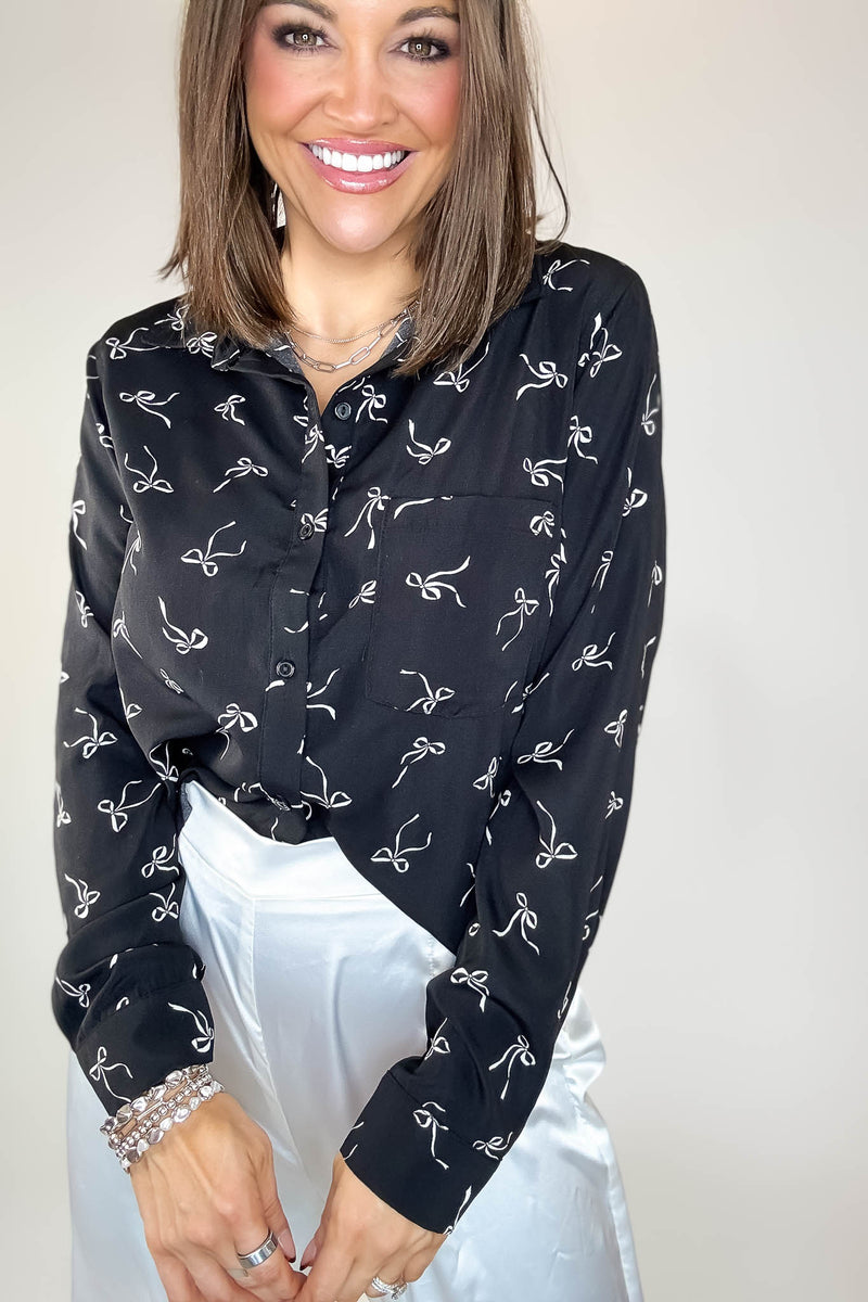 Black Bow Print Chiffon Blouse