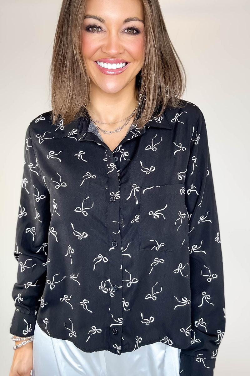 Black Bow Print Chiffon Blouse