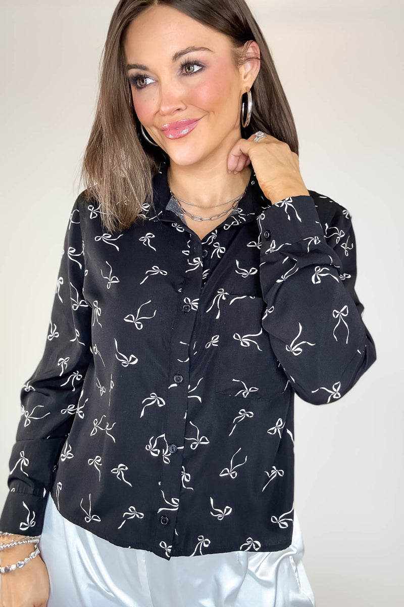 Black Bow Print Chiffon Blouse