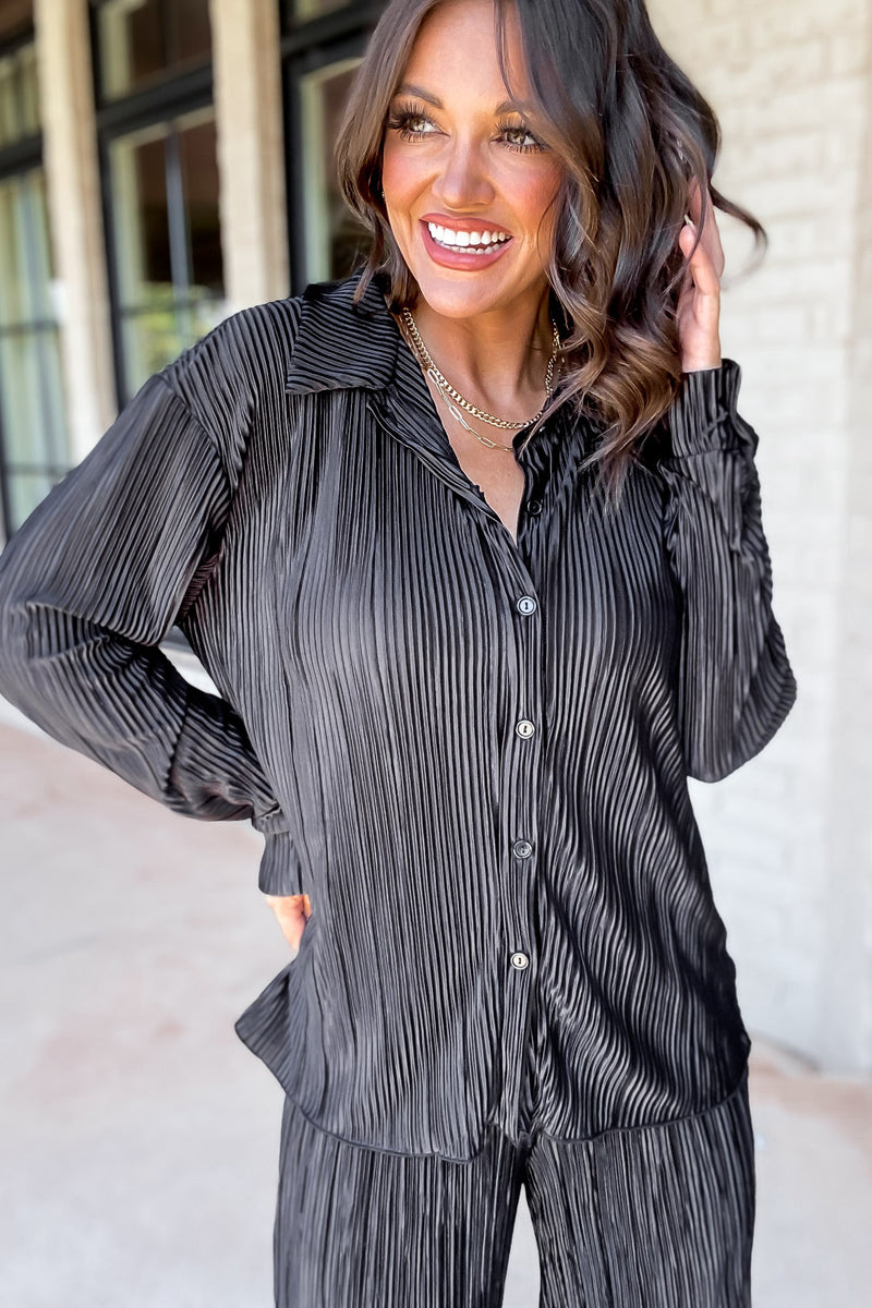 Fancy That Black Plisse Long Sleeve Top