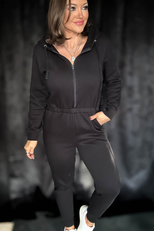 Black Fleece Zip Up Hoodie Jumpsuit