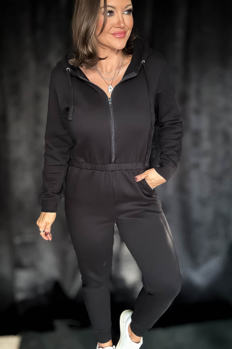 Black Fleece Zip Up Hoodie Jumpsuit