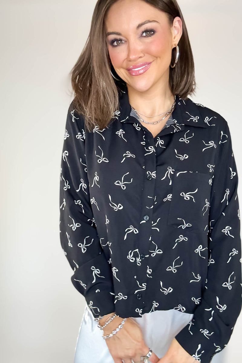 Black Bow Print Chiffon Blouse