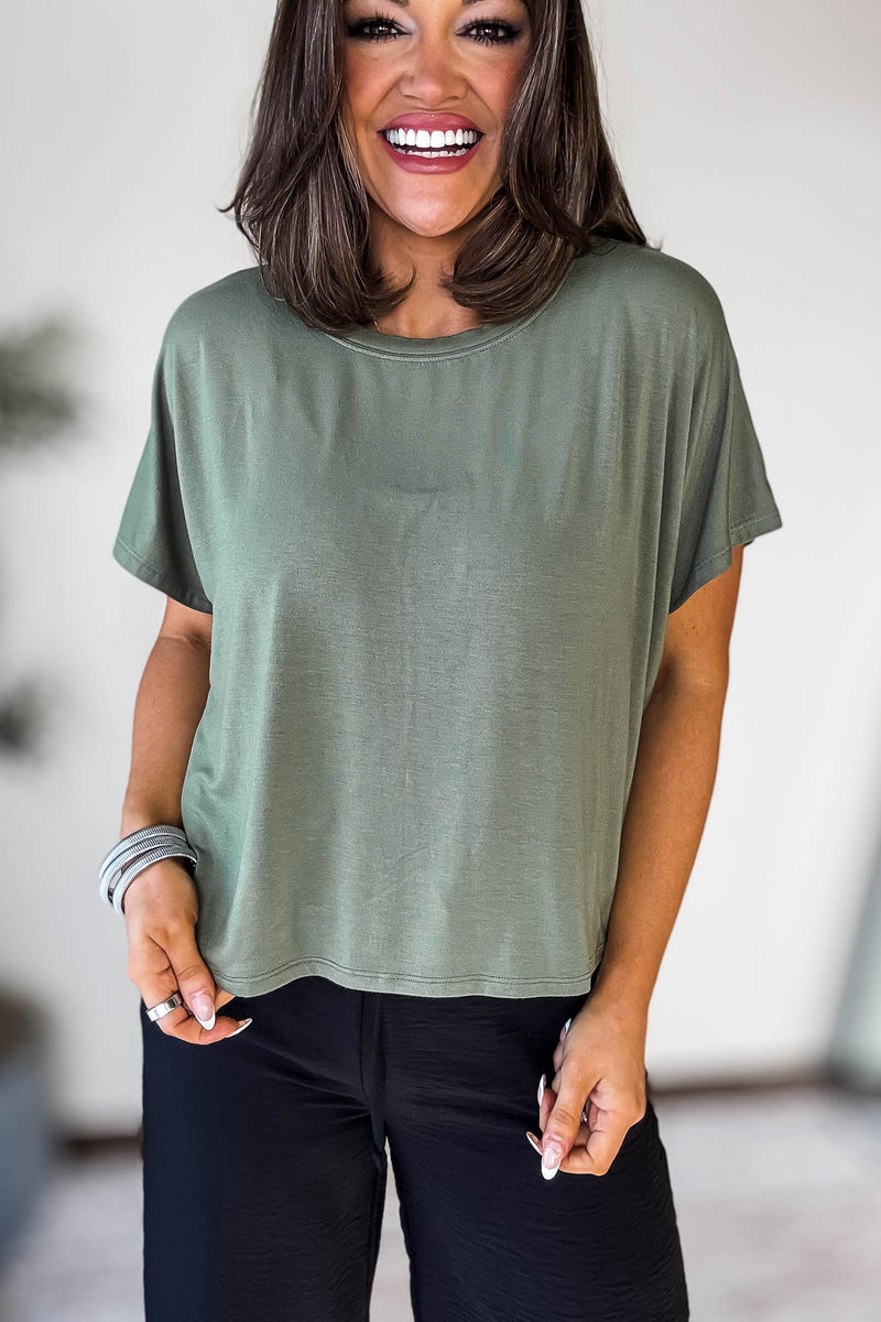 Cropped Light Olive Round Neck Tee