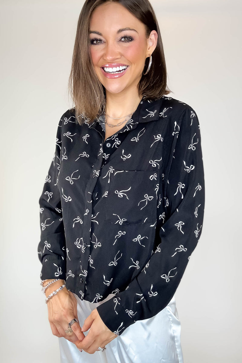 Black Bow Print Chiffon Blouse