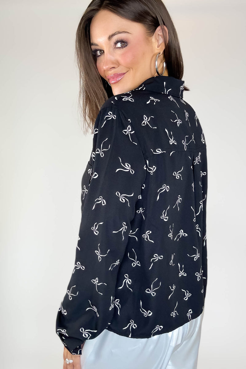 Black Bow Print Chiffon Blouse