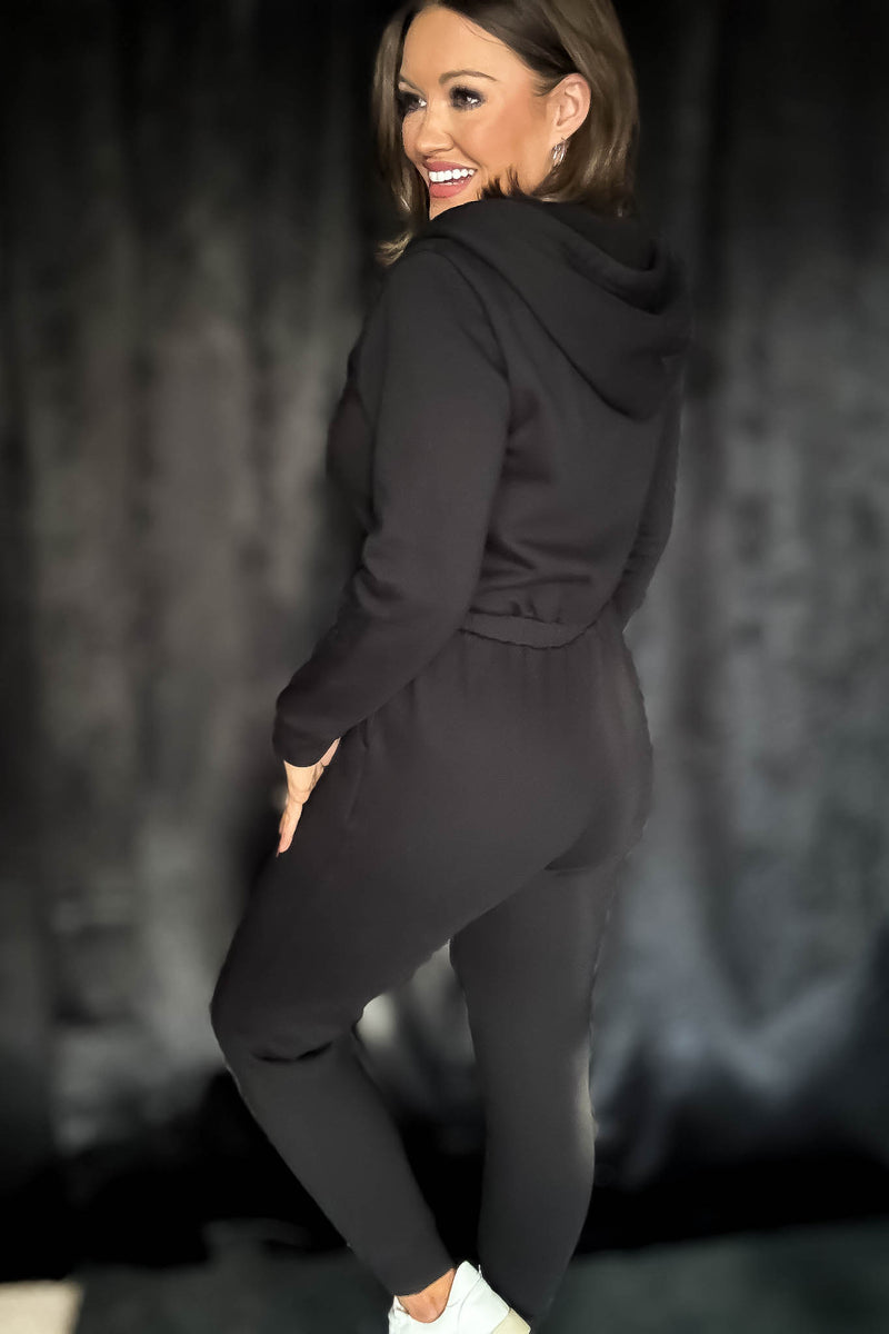 Black Fleece Zip Up Hoodie Jumpsuit