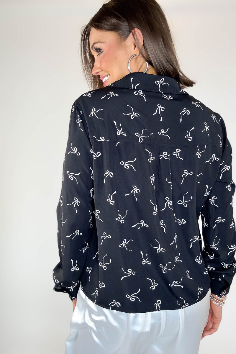 Black Bow Print Chiffon Blouse