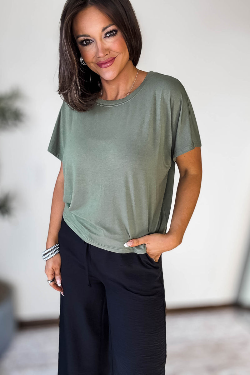 Cropped Light Olive Round Neck Tee
