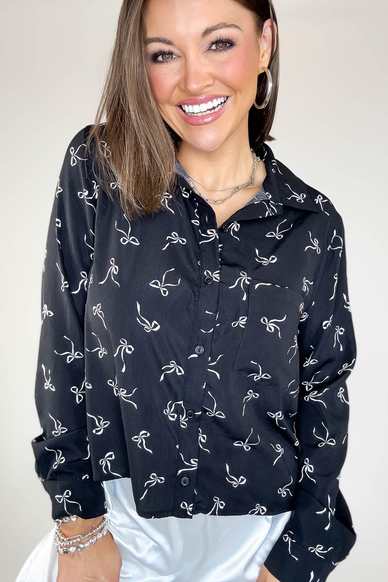 Black Bow Print Chiffon Blouse
