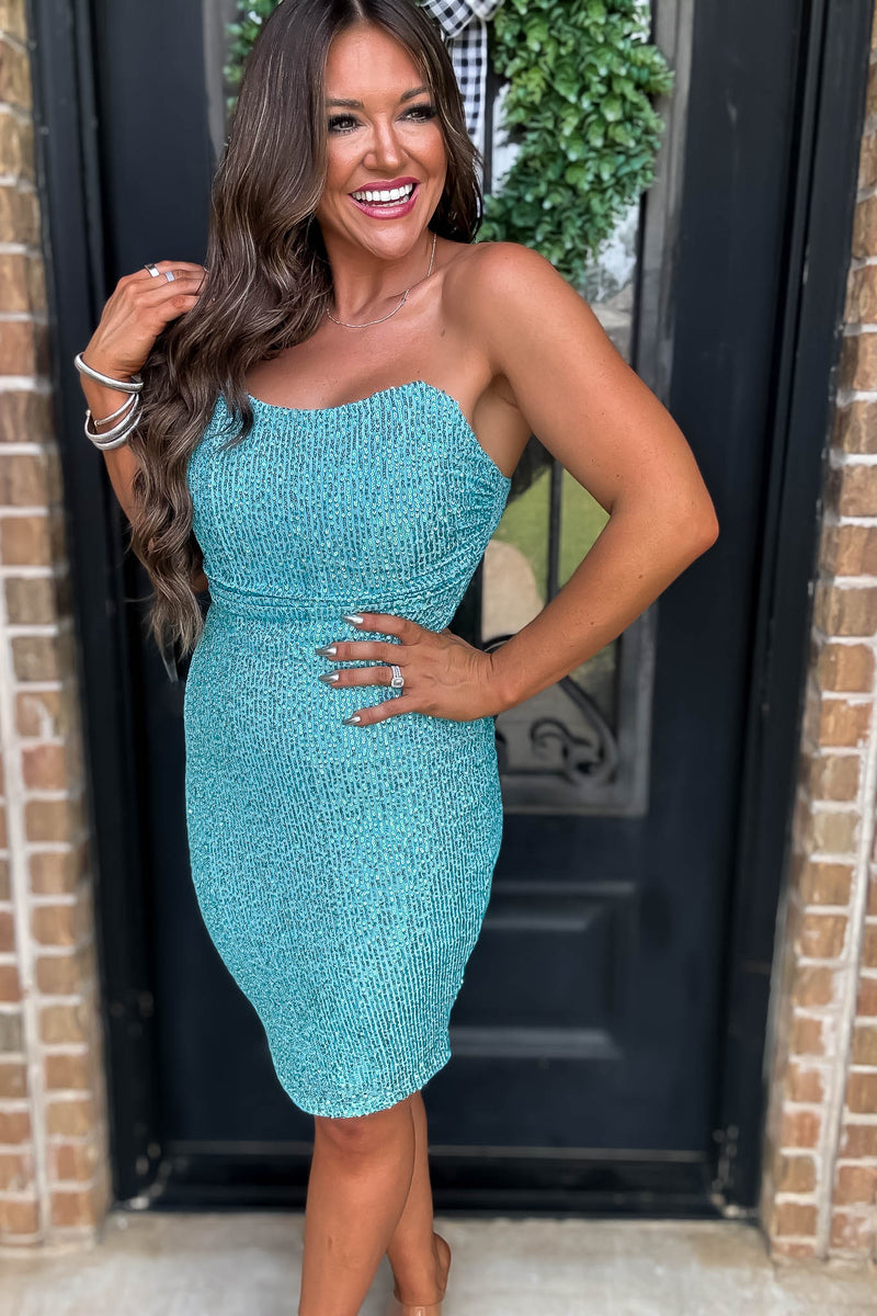 Sequin Ocean Blue Bodycon Zippered Tube Dress