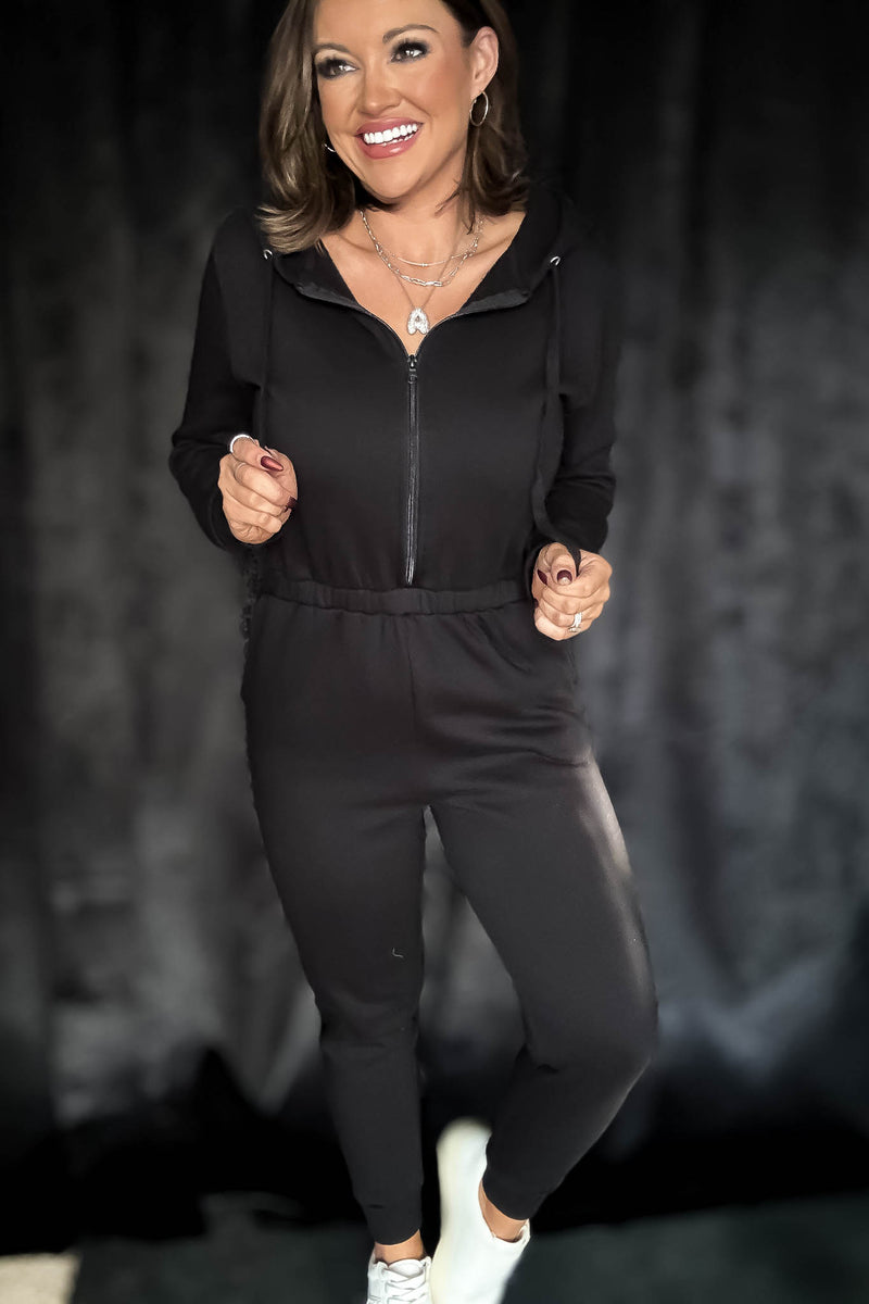 Black Fleece Zip Up Hoodie Jumpsuit