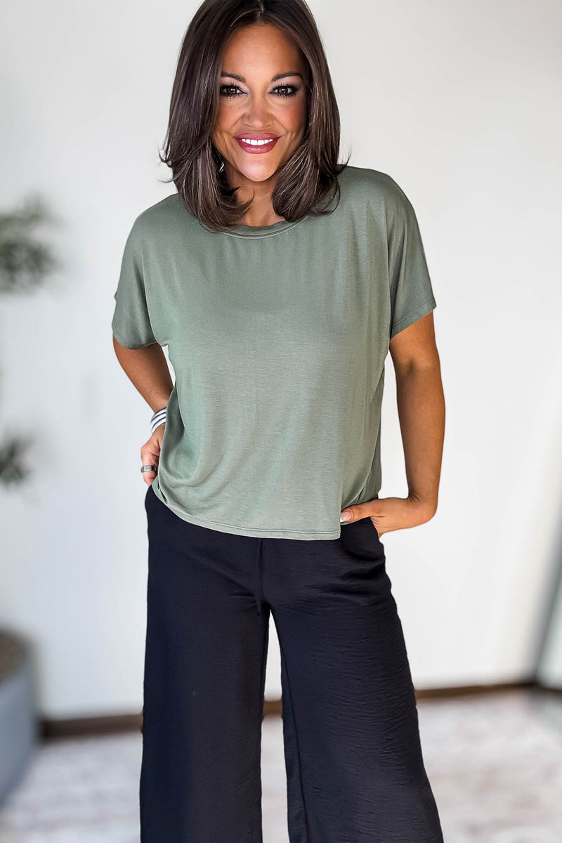 Cropped Light Olive Round Neck Tee