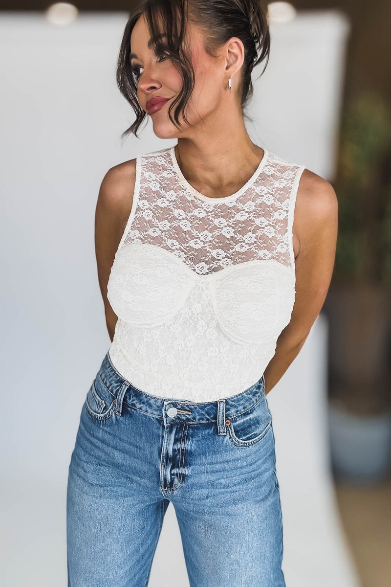 Cream Round Neck Sleeveless  Bustier Bodysuit