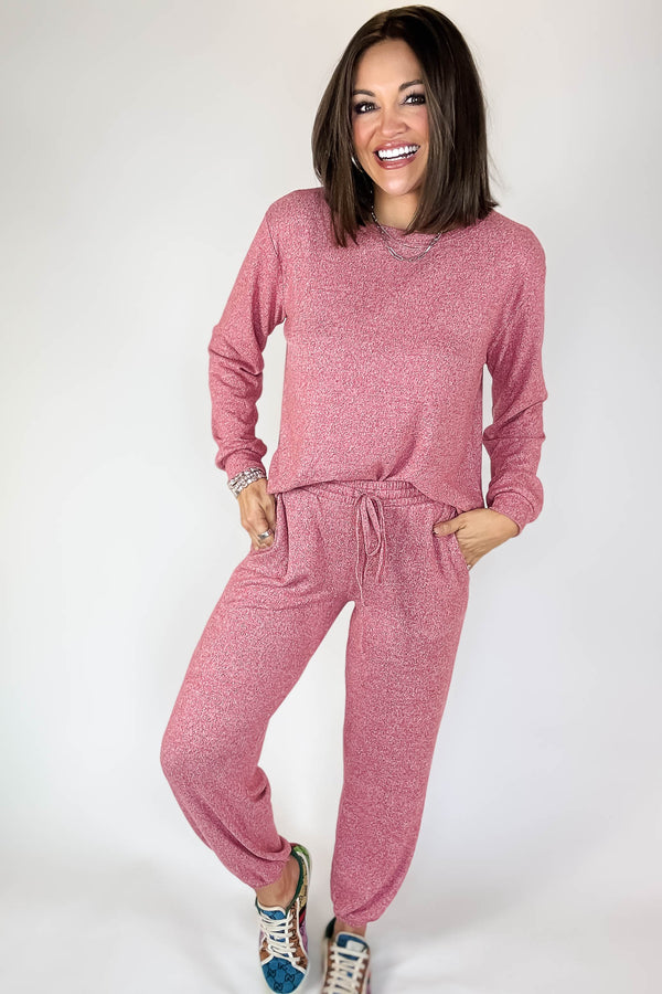 Soft Red Melange Hacci Long Slv Top & Joggers Set