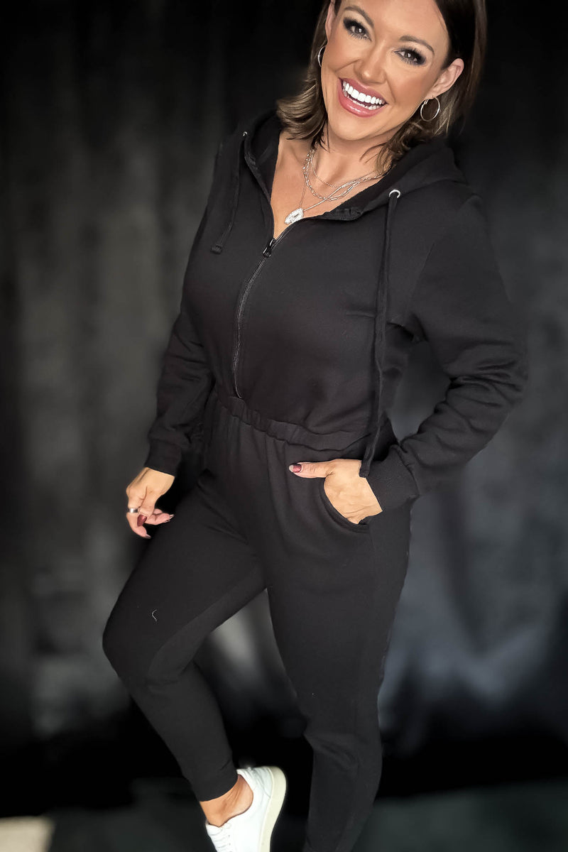 Black Fleece Zip Up Hoodie Jumpsuit