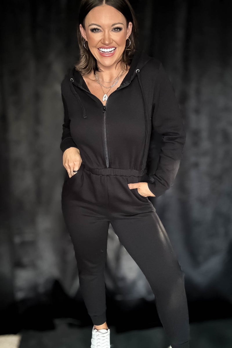 Black Fleece Zip Up Hoodie Jumpsuit