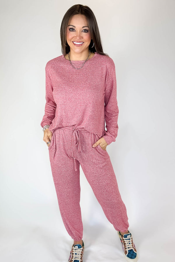 Soft Red Melange Hacci Long Slv Top & Joggers Set